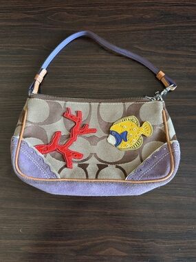 Coach Brown Signature Canvas Wristlet with Purple Suede, Red Coral & Yellow Fish
